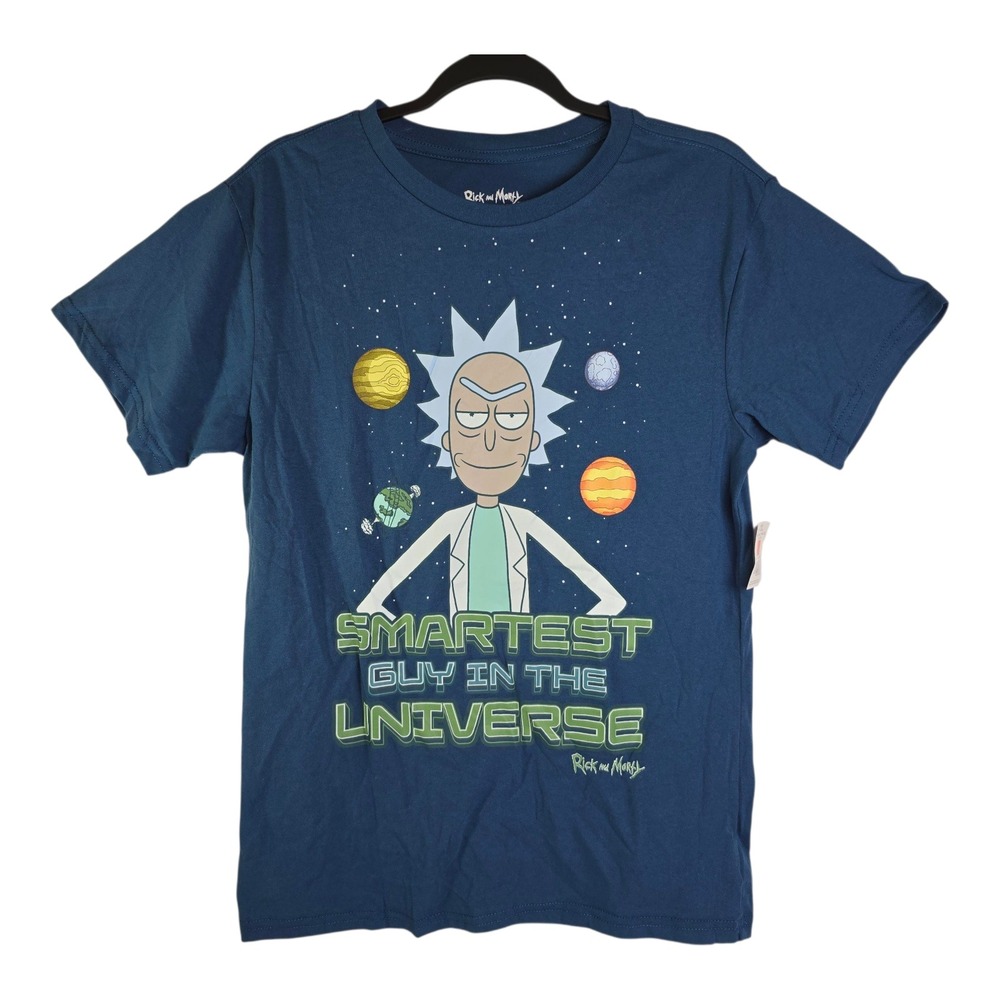 Rick and Morty Smartest Guy in the Universe Graphic T Shirt Blue Medium